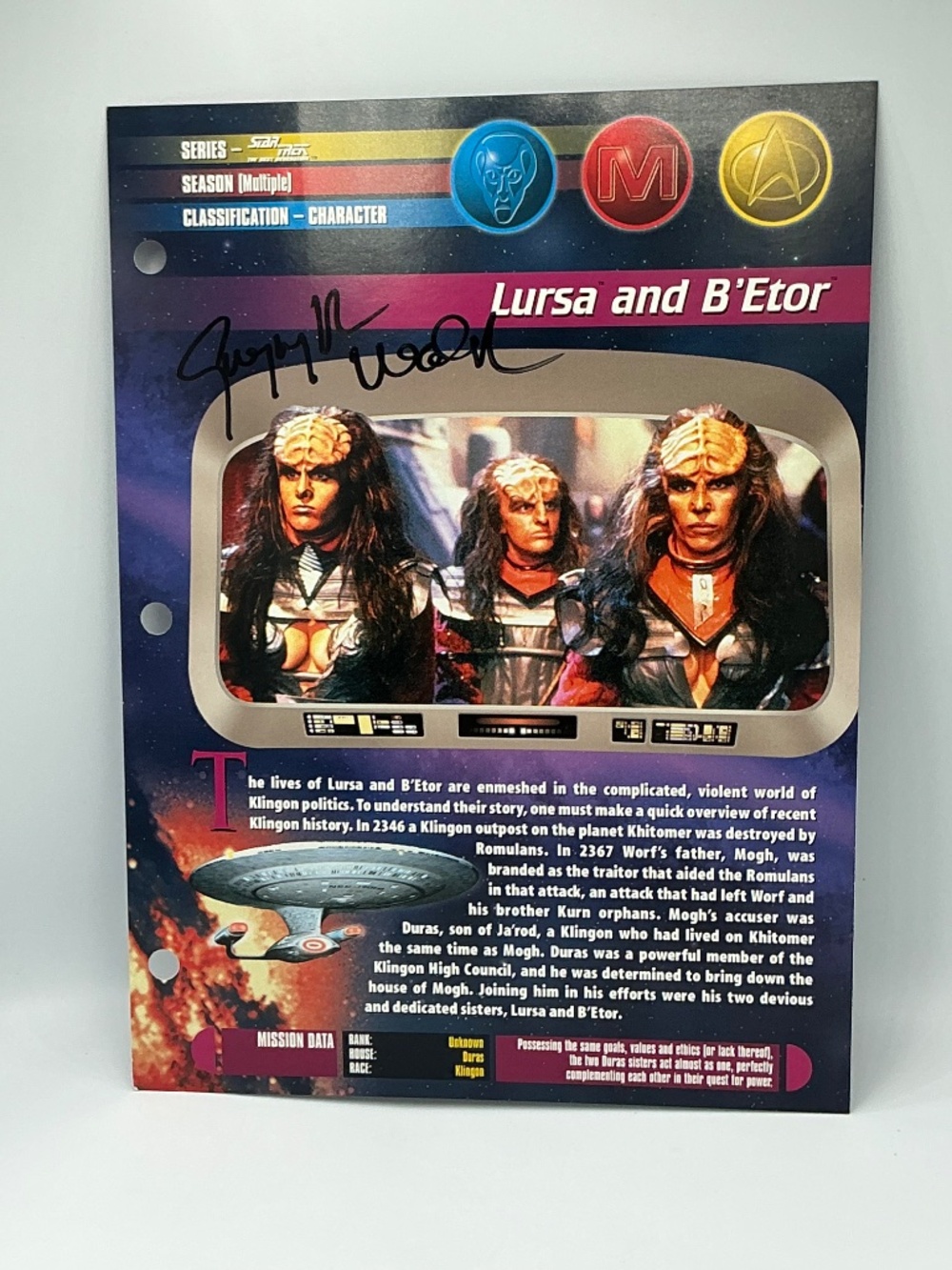 Star Trek Autographed Gwynyth Walsh Signed Fact File Page BEtor Duras Sisters